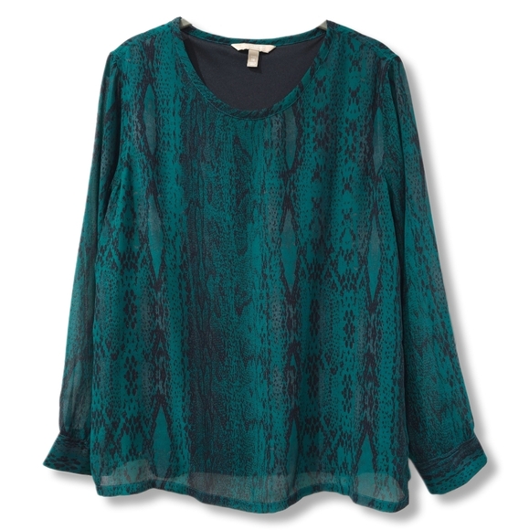 BANANA REPUBLIC Emerald Green Long Sleeve Snake Print Relaxed Blouse, Chiffon, M - Picture 1 of 13